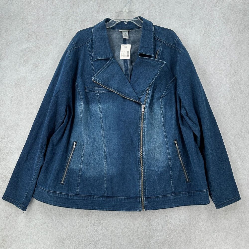 Catherines Jean Jacket Womens 3X Blue Denim Moto Full Zip Blue Stretch Denim